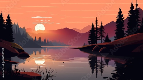 Illustration of stunning landscape minimalism vector art. Purple colors, sunset. View of the lake and mountains. Generative ai.