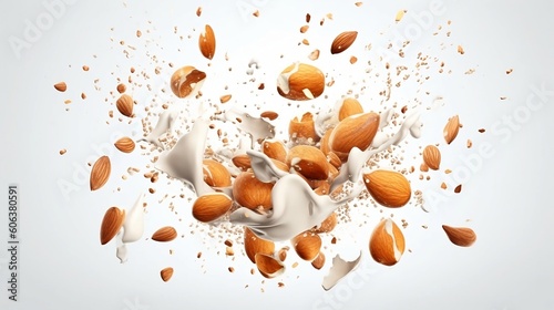 Exploding Almonds with Milky Splash - Vibrant 3D Render photo