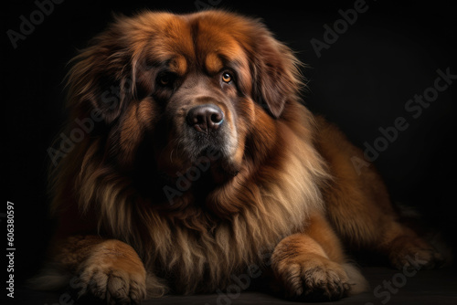 portrait of Tibetan Mastiff Dog on black background. Generative AI