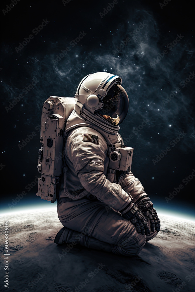 An astronaut in outer space to pray to the Lord. Cosmonaut with his hands folded in front of his face in prayer Generative AI