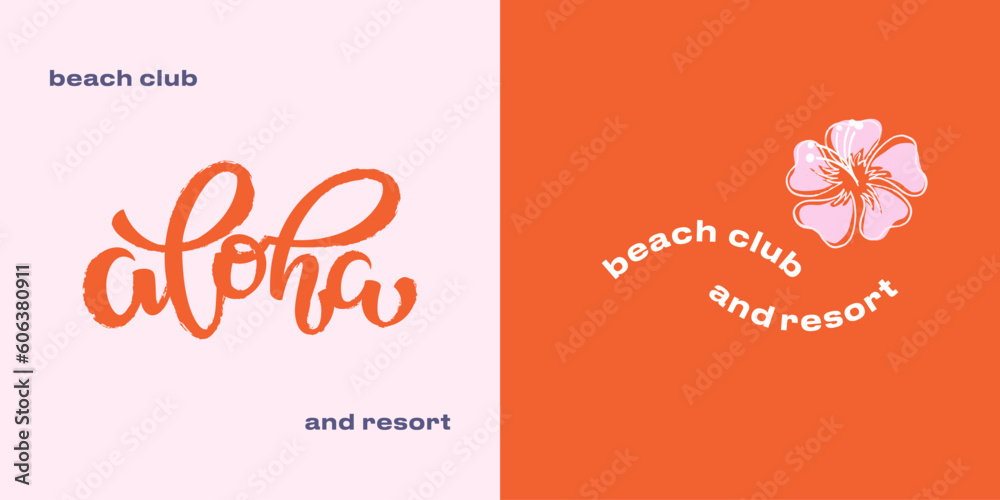 Aloha beach club and resort trendy Vector Lettering Illustration with tropical flower in bright colors