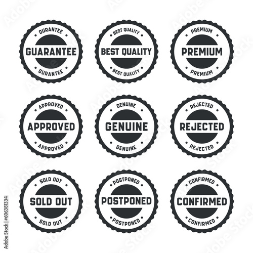 Stamp design set - premium quality, guaranteed, approved, sold out, postponed, confirmed, genuine, original. 