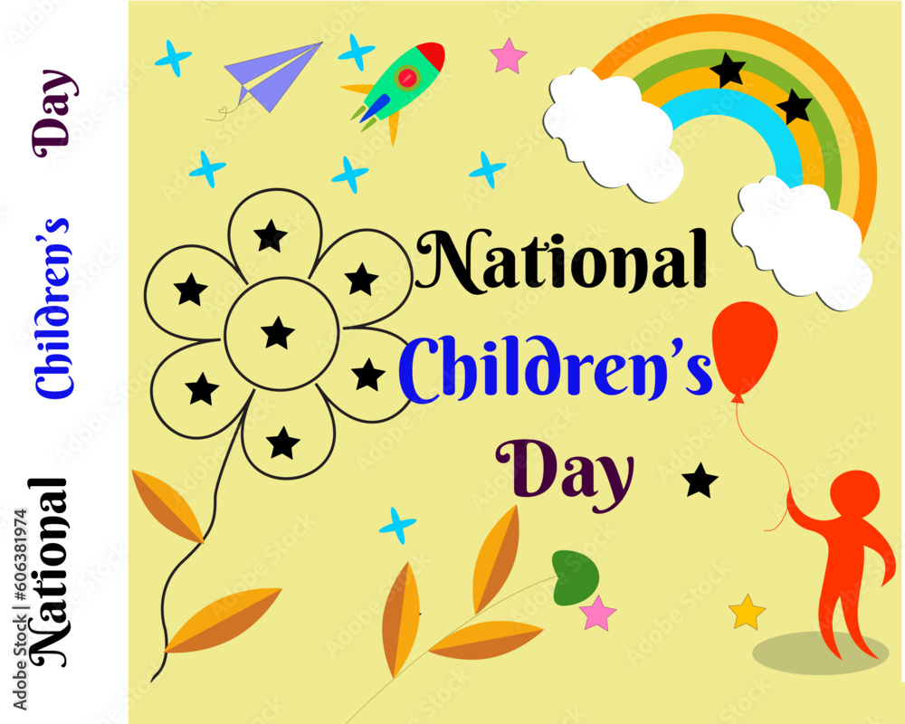 National Children's Day with happy children balloon shape flower and cloud card vector creative design 
