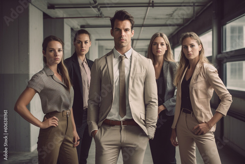 four business team members standing together in an office