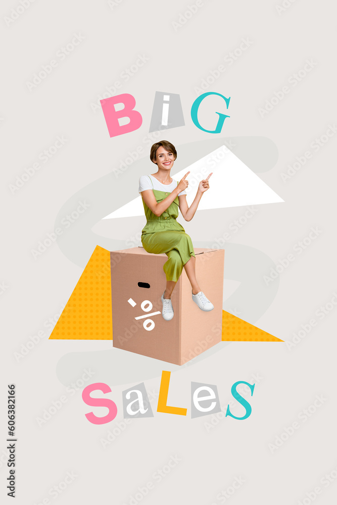 Φωτογραφία Composite photo collage of young addicted shopaholic lady promoter direct finger