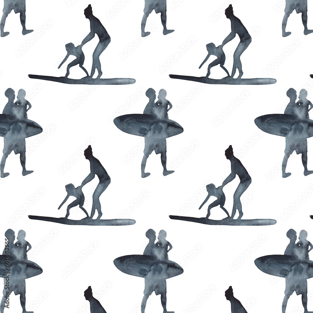 Surf group lessons with family decorative pattern with family riding on surfboard over waves blue color isolated illustration on white background.