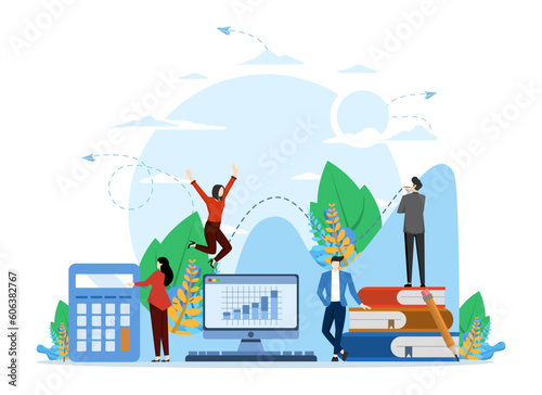 business promotion, take-off on career ladder, data analysis and investment infographic overview, business people team doing analysis or study graph. Vector flat illustration.