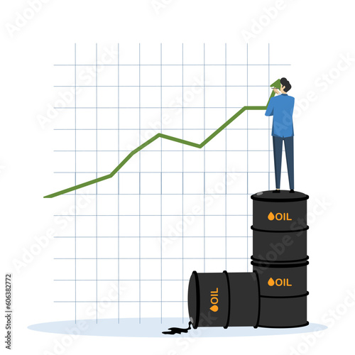 Oil price rising, high demand or energy or gasoline industry concept, crude oil commodity price growth after crisis, businessman trader standing on piles of gallons of oil drawing rising graph.