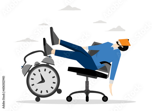 Night slump, boredom and sleepy work concept, laziness and delay of work to be done later, sleeping businessman lying on office chair and alarm clock covering his face with book.