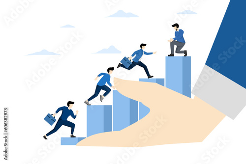 Employee development, staff engagement or training for success, advancement, talent management or career growth, business people help each other improve the growth charts in HR hands.