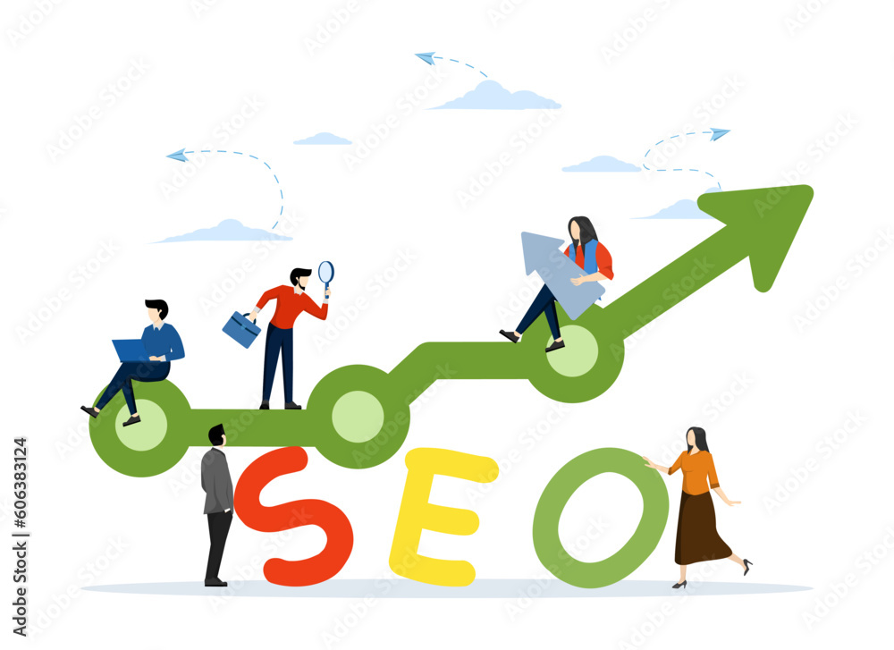 SEO, professional man holding magnifying glass, Search Engine Optimization for website to show in search results page concept, mouse pointer or using laptop sitting on analytical graph on word SEO