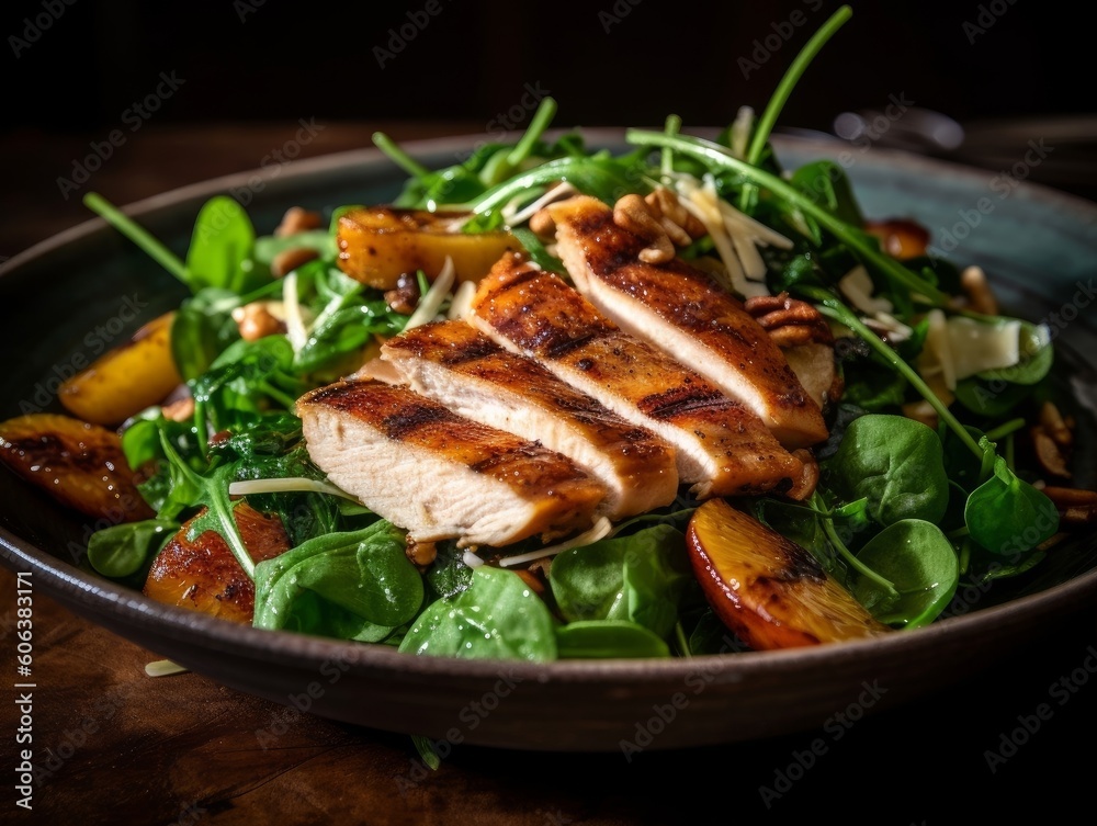 wilted arugula and spinach salad topped with grilled chicken