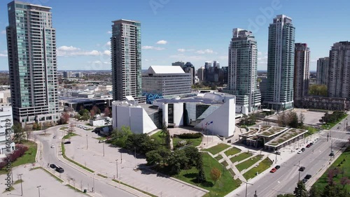 Left orbit of Scarborough's Albert Campbell Square and skyline with high-rise condominiums in Toronto, Ontario, Canada photo