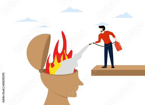 Therapy to cool burning thoughts or anger, cure anxiety and stress concept, relieve fatigue or mental illness, depression, man with fire extinguisher trying to put out fire burning in human head.