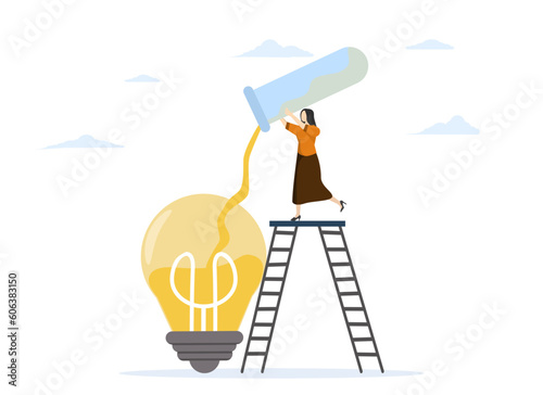 Innovative experiment, concept or invention, research or test new ideas, find successful solution or new business idea experiment, woman with light bulb experiment mixing tube idea.