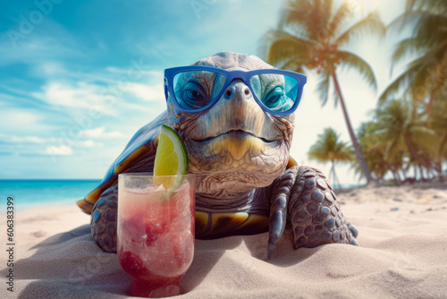 Illustration of happy turtle in sunglasses with cocktail on the beach. Summer vacation. Generativ AI