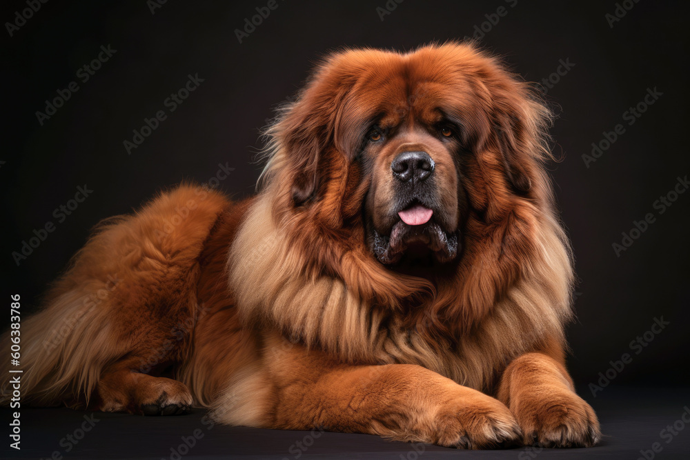 portrait of Tibetan Mastiff Dog on black background. Generative AI portrait of Tibetan Mastiff Dog on black background. Generative AI