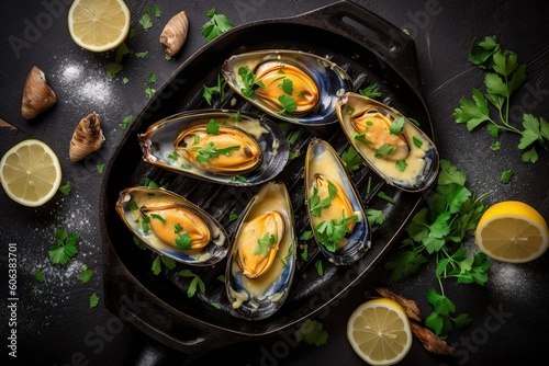 illustration, seafood mussels with cheese, ai generative