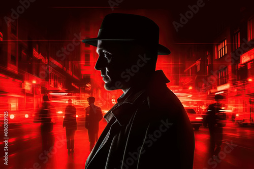 poster banner for thriller movie with a man detective in hat. Generative AI illustration photo