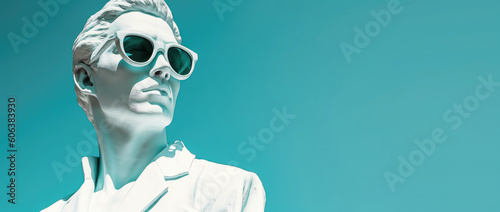 Business man statue, white stone wearing modern sunglasses on a blue sky background. Generative AI