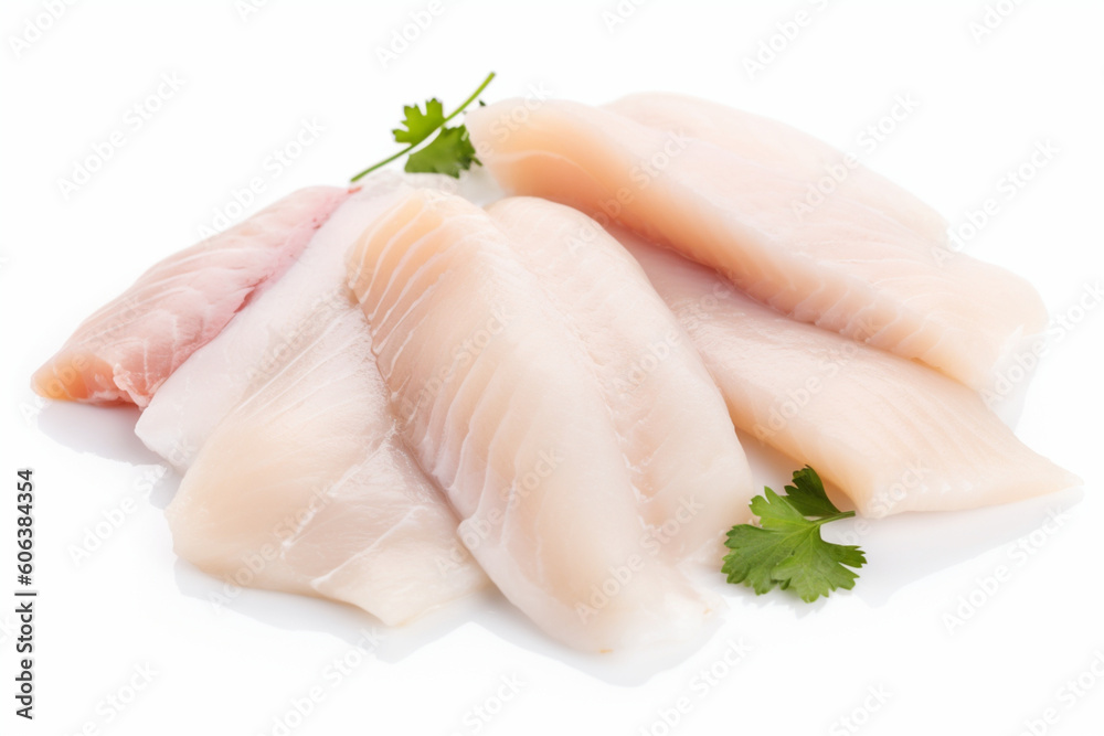 prepared pangasius fish fillet pieces isolated on white - obrazy, fototapety, plakaty 