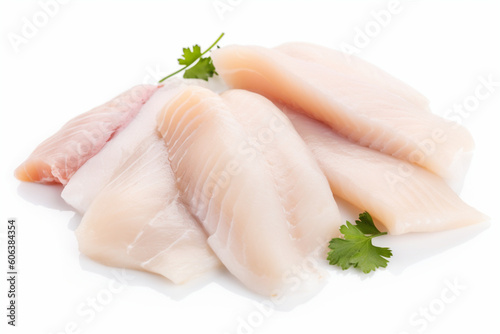Foto prepared pangasius fish fillet pieces isolated on white