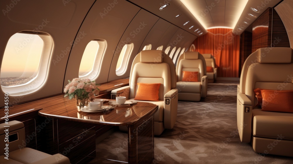 Luxury interior in the modern business jet. Generative AI.