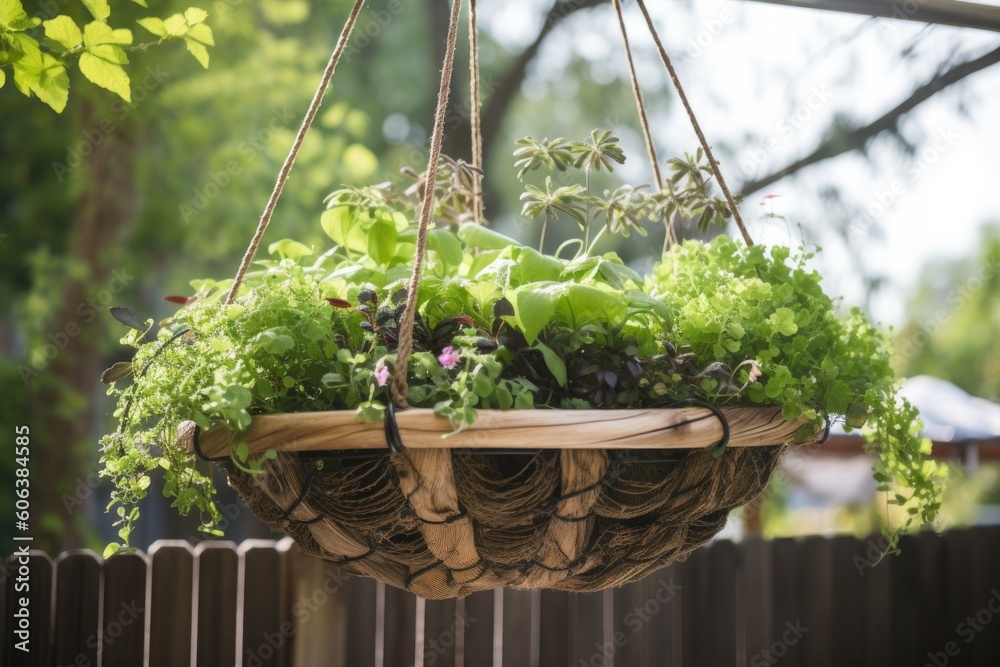 diy garden project with a hanging basket, planter, and greenery, created with generative ai diy garden project with a hanging basket, planter, and greenery, created with generative ai