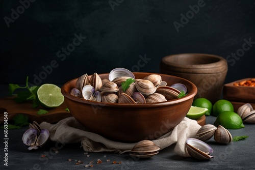 illustration, raw clam shells and lemon, ai generative