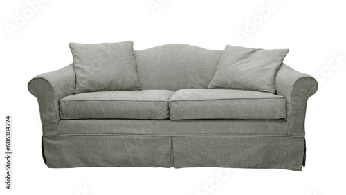 Gray sofa with two pillows isolated on white, transparent background, PNG. Classic english style two seater cushion couch with upholstery cover, front view © katyamaximenko