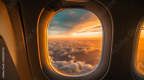 Beautiful sunset, sky on the top view, airplane flying view from inside window aircraft of Traveling Generative AI