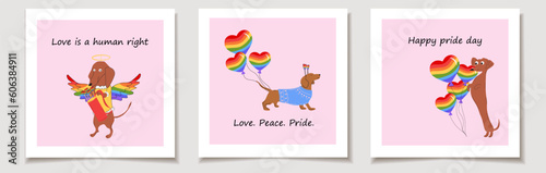  Set of pride day cards with Dachshunds dogs pulls a rainbow hearts, valentines on a sleigh and decorate rainbow balloons in the shape of a heart. Love, Month pride