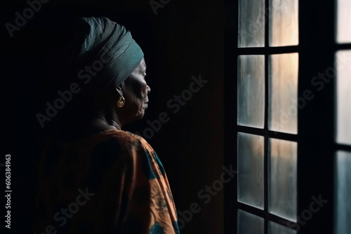 rear view of Lonely african senior woman standing in the dark behind the window looking