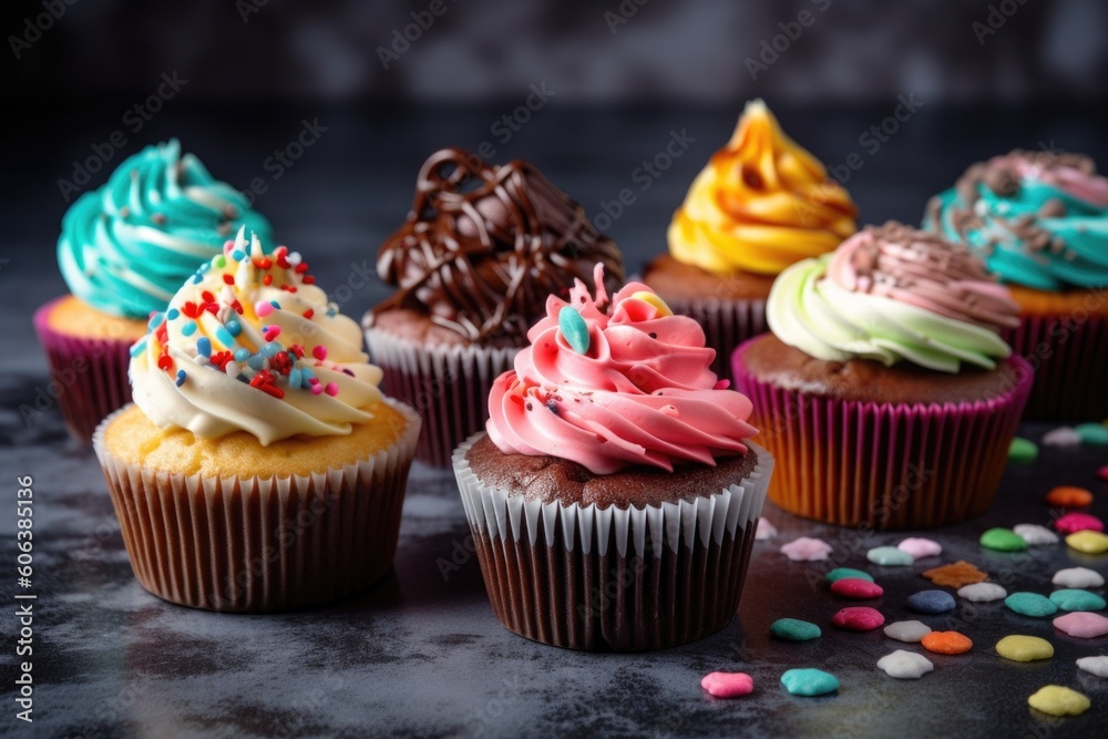 cupcakes in different flavors, with decorative swirls and sprinkles, created with generative ai