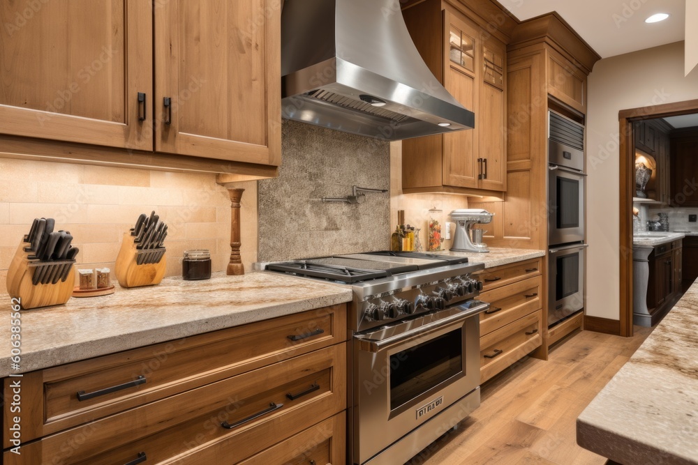 custom-built cooking station with stovetop, range hood, and prep area for chef to prepare meals, created with generative ai