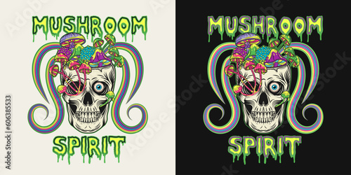 Psychedelic label with human skull, mushrooms