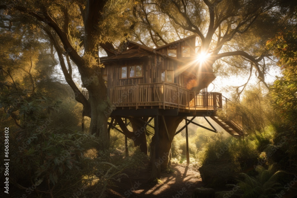 treehouse retreat, with views of the natural landscape and wildlife, created with generative ai