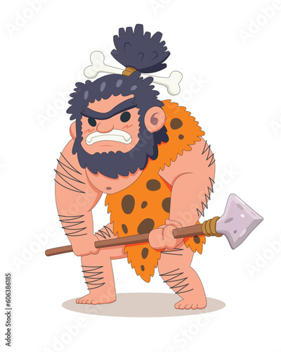 Cute aggressive caveman cartoon illustration