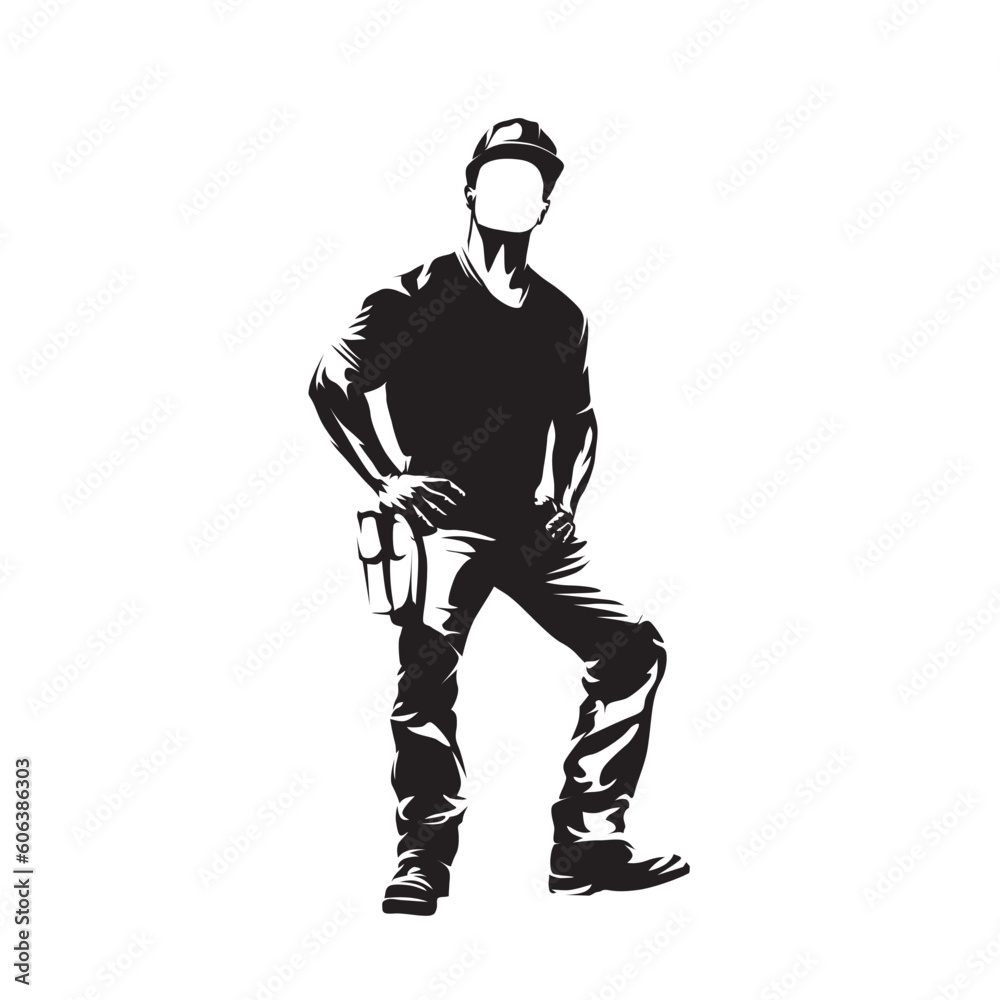 Manual worker standing in helmet, isolated vector silhouette. Hard work Manual worker standing in helmet, isolated vector silhouette. Hard work