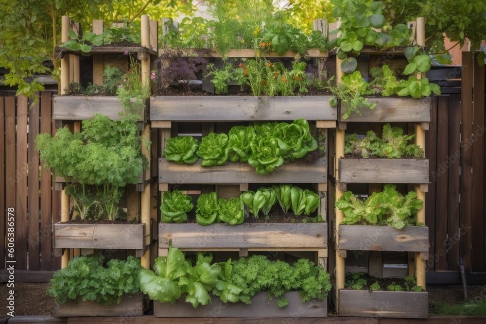 vertical garden in community garden, with vegetables and herbs growing, created with generative ai vertical garden in community garden, with vegetables and herbs growing, created with generative ai