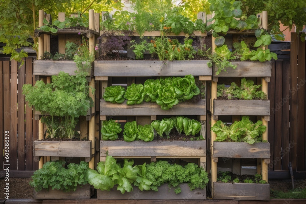 vertical garden in community garden, with vegetables and herbs growing, created with generative ai