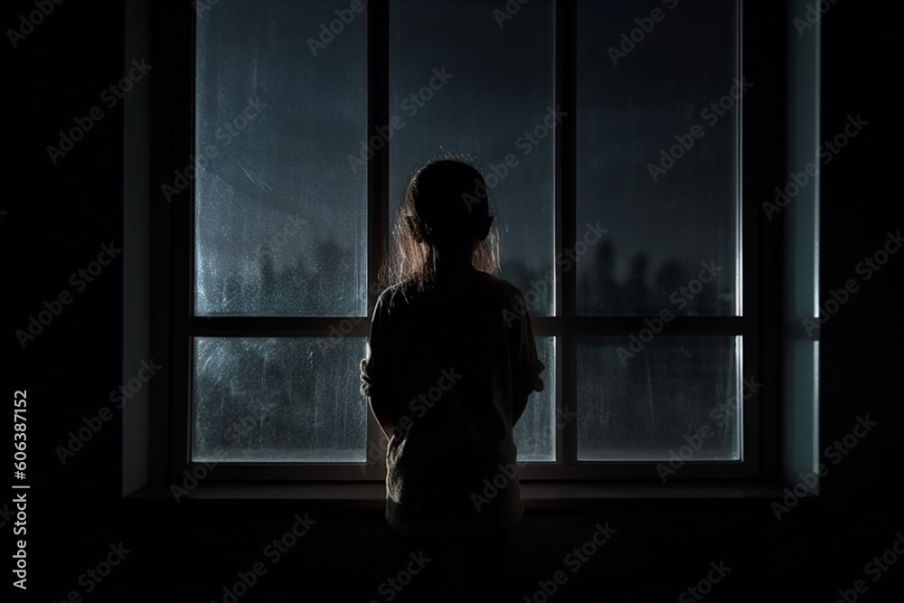 rear view of Lonely child standing in the dark behind the window looking