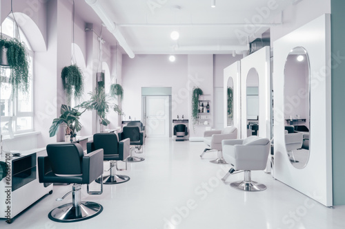 A hair salon with a white wall and a large mirror.
