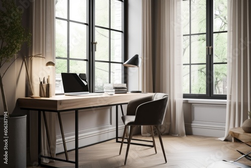 minimalist home office with sleek desk and chair  natural light  and modern decor  created with generative ai