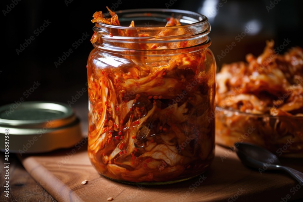 close-up of jar of kimchi, with its spicy flavor and crunchy texture visible, created with generative ai close-up of jar of kimchi, with its spicy flavor and crunchy texture visible, created with generative ai