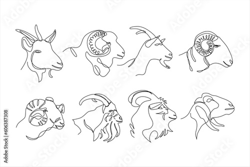 goat head continuous line art vector set illustration