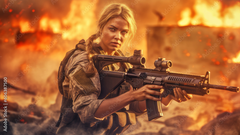 woman soldier in war. Generative AI woman soldier in war. Generative AI