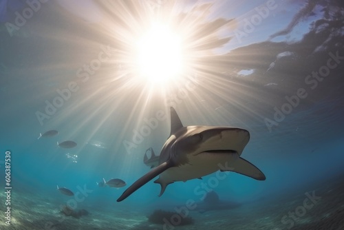 shark dives underwater and looks at rays swimming overhead  created with generative ai