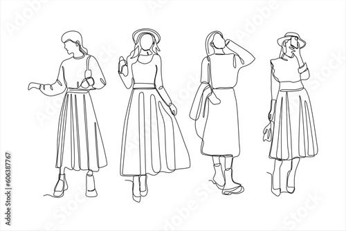 continuous line art vector illustration of woman wearing skirt