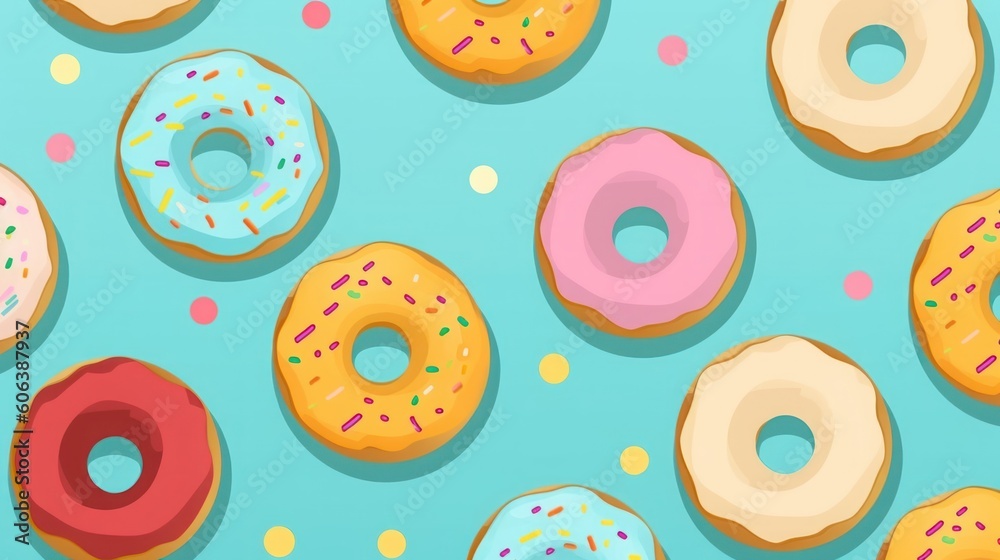 Seamless assorted donuts on blue
background, AI generated Seamless assorted donuts on blue
background, AI generated